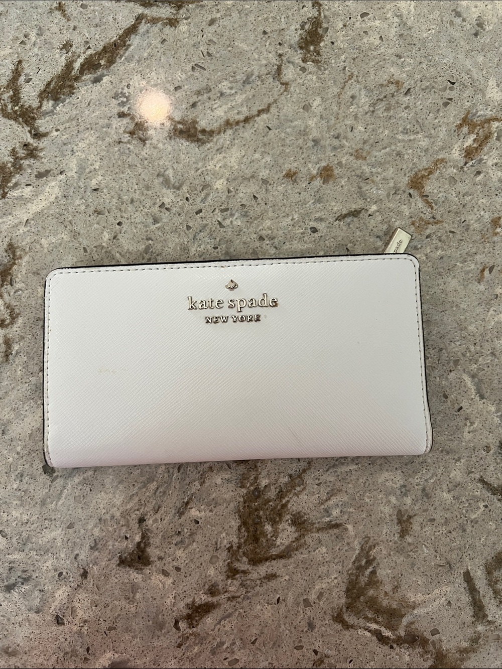 kate spade White Zip-Around Saffiano Wallet with Gold Logo